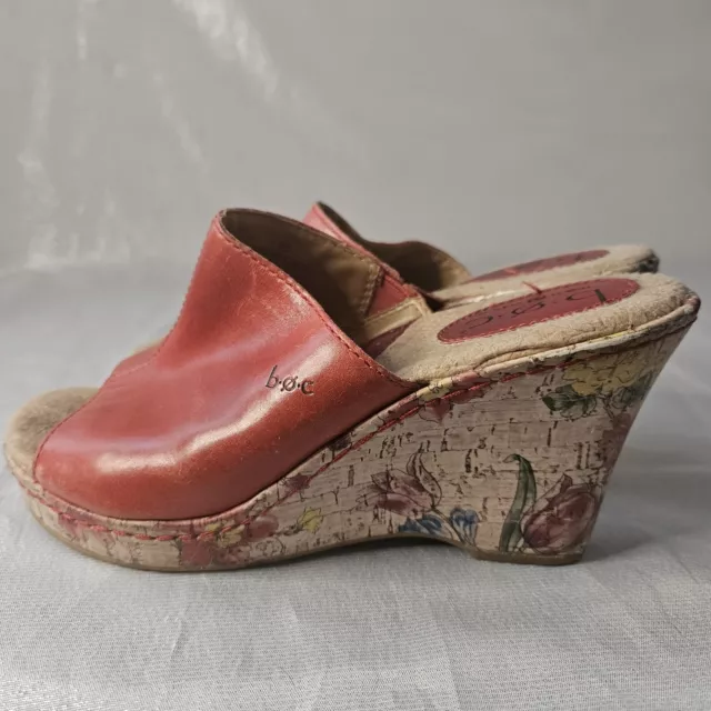 BOC Red Leather Platform Wedge Floral Slip on Heeled Sandals ~ Size 7