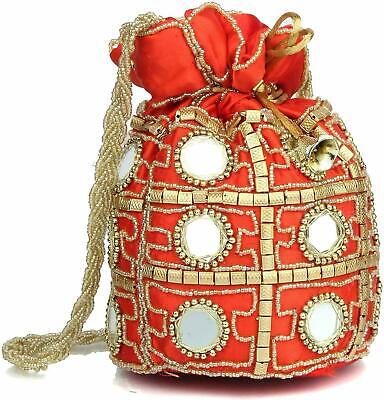 Handmade Indian Ethnic Clutch Silk Potli Batwa Pouch Bag With Metal Beadwork