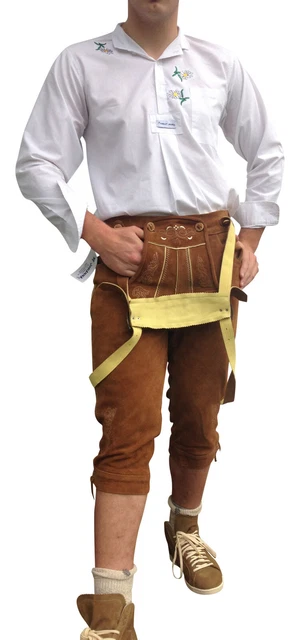 Trachtenlederhosen Trachten Herren lederhose Kniebundhose Leder Träger Braun Neu