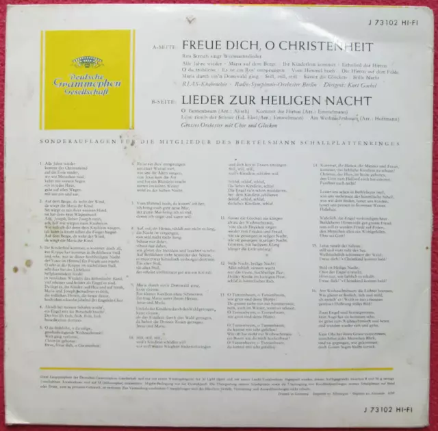 Freue dich o Christenheit / Rita Streich singt Weihnachtslieder 10" EP Vinyl 2