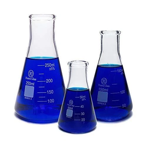 Glass Erlenmeyer Flask Set 50ml 150ml and 250ml, Narrow Mouth Graduated Flask