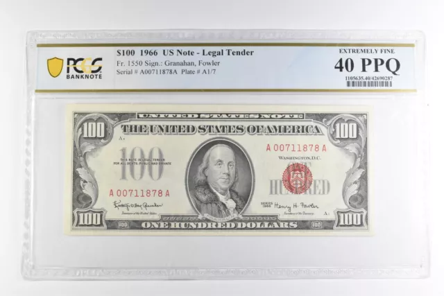 PCGS EF 40 PPQ $100 1966 US Legal Tender Note Red Seal Fr. 1550 *8225