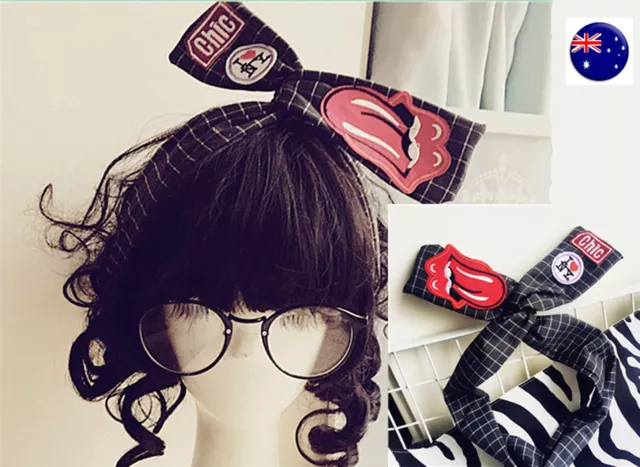 Women Girl Tongue NY Grey Retro Wire Bunny Ear bow scarf Hair head band headband