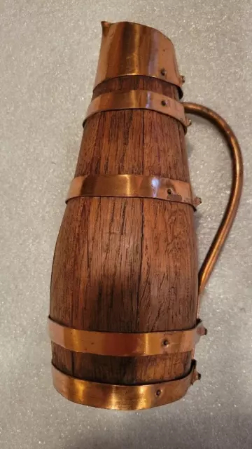 RARE Old French antique copper and wooden oak Wine/cider Jug pitcher 9” Tall