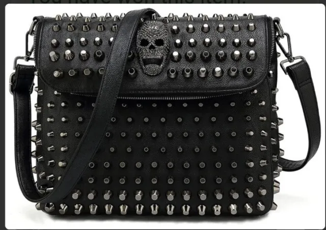 SCARLETON Black Vegan Leather Medium Shoulder Purse Handbag Skulls Metal NEW