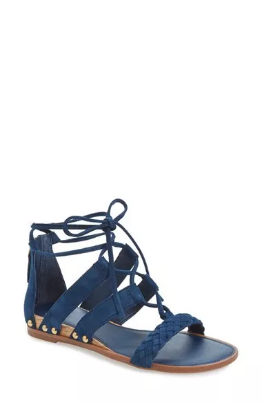 Franco Sarto Pierson Ghillie Flat Sandal - Size 4M Blue Suede Petite Shoes