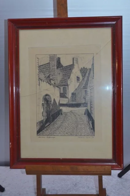 Ancien Tableau Cadre Lithographie Dessin Béguinage Courtrai Signe Fontaine 1949