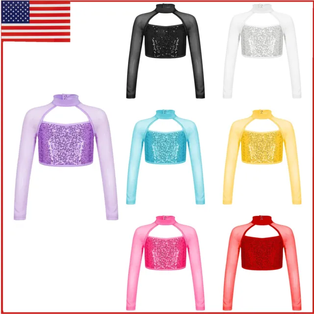 US Kids Girls Shiny Sequins Crop Tops Long Sleeve Round Collar Hollow Dance Top