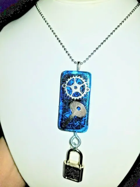 Steampunk Blue Pendant Reclaimed Mixed Media Art Necklace Included