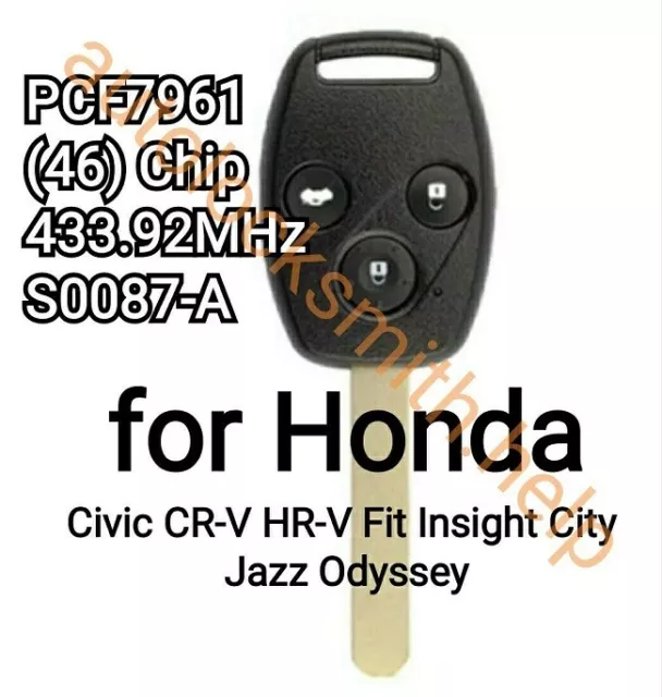 3 Button Remote Key Fob 433Mhz PCF7961 For Honda Civic Jazz CRV Accord 2005-2011