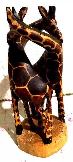 Two Wooden Hand Carved & Painted Entwined Hugging GIRAFFES Giraffe Figure 9"