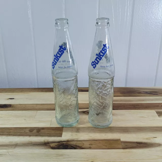 Lot of 2 Old School Vintage Sunkist Bottles Collectible Rare Bottles 10oz Blue