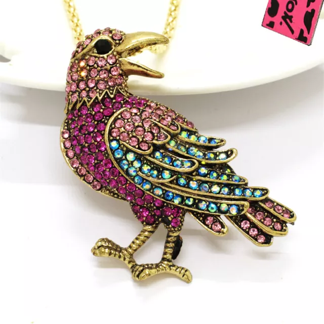 Betsey Johnson Rose Red Rhinestone Cute Bird Crystal Pendant Chain Necklace