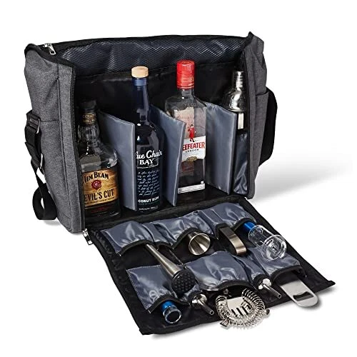 Travel Bar Bag Gray & Black, Water Resistant, Bartending Supplies, Pockets