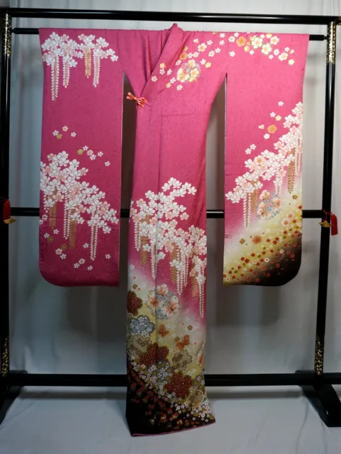 Japanese kimono SILK"FURISODE" long sleeves, Gold, SAKURA, Butterfly,L66"..2014 2