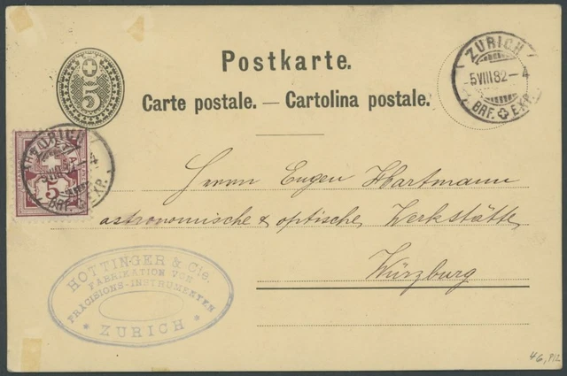 SCHWEIZ BUNDESPOST 1882, 5 C. lilabraun auf 5 C. schwarz Ganzsachenkarte n.