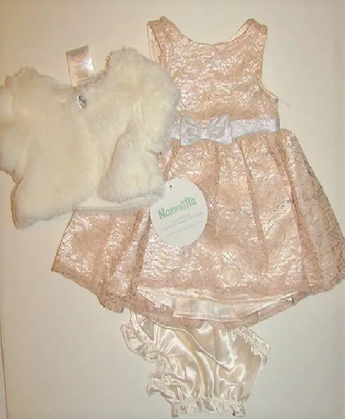 Baby Party Dress Nannette Baby 3 pc cream/peach/silver /fur size 0-3 months
