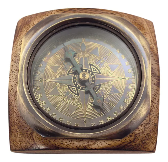 Kompass auf Holzsockel maritime Deko Messing antik Sea4You