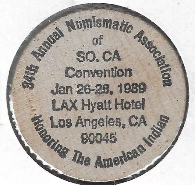 1989, Numismatic Association of SO. CA, Los Angeles, California, Wooden Nickel