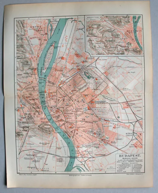 Budapest, Ungarn - Alte Karte / Stadtplan - Lithographie 1898