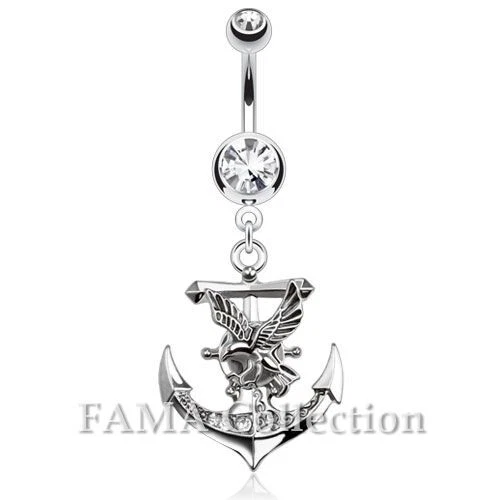 FAMA Gemmed Anchor with Eagle Dangle Navel Belly Ring 316L Surgical Steel 2