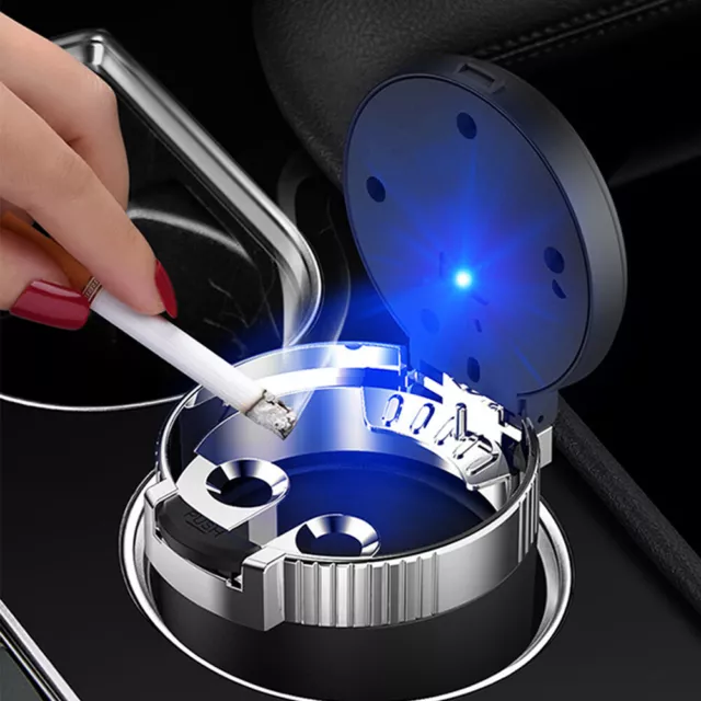 Cendrier Portable avec Couvercle Lumière Led Bleue pour Voiture Porte-Gobelets 3