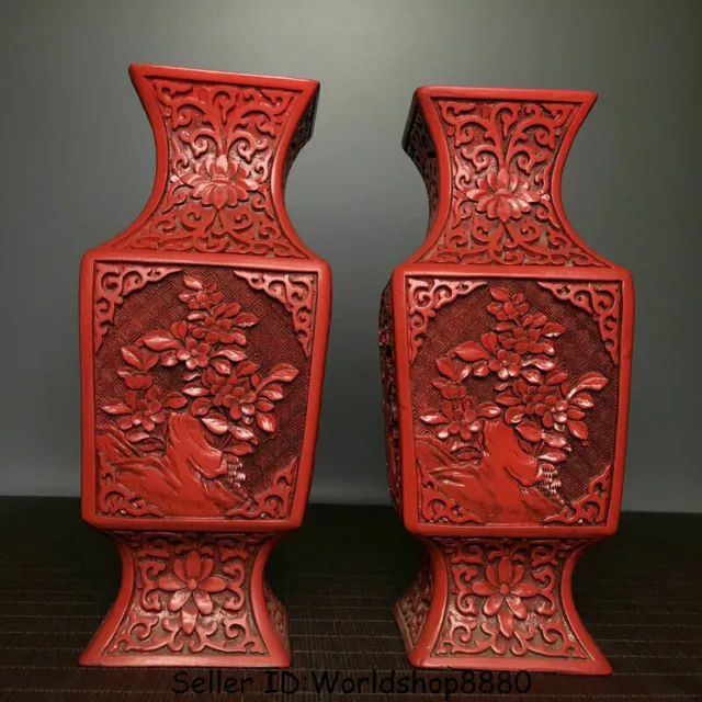 9" Da Qing Qianlong Marked Old Red Lacquerware Dynasty Flower Bottle Vase Pair