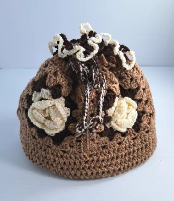 Hand Crocheted Retro Tea Cosy Flower Design Brown VGC