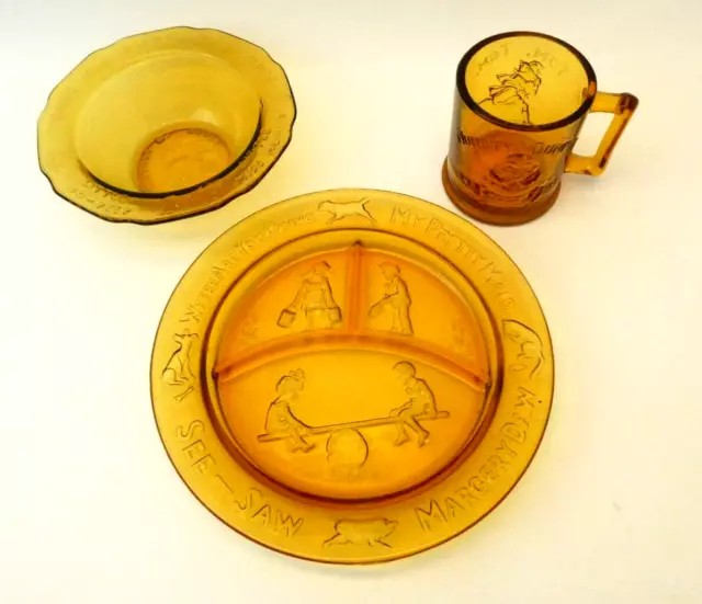 Set of Vintage Used Tiara Exclusive Nursery Rhyme Glass Plate Bowl Cup