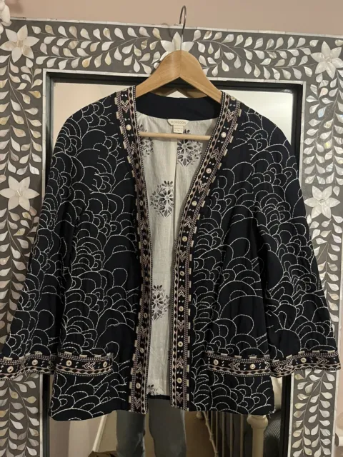 Ladies Monsoon Navy Blue Floral Embroidered Cotton Jacket Size UK 8
