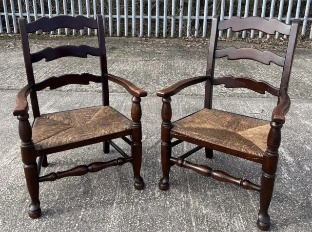 Antique Elm & Oak Rush Seated Pair of Ladderback Childs or Low Fireside Chairs