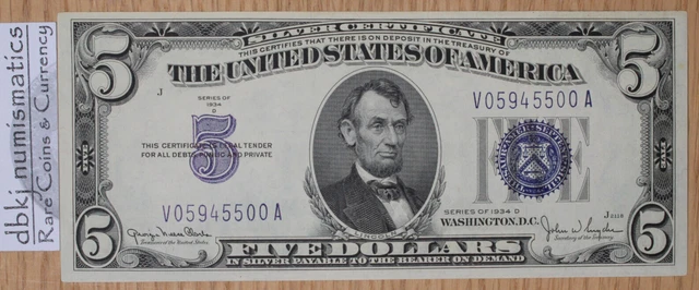 1934 D $5 Silver Certificate - Narrow - FR 1654 - CU - Crisp Uncirculated