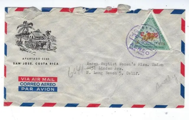 San Jose Costa Rica Triangle Single Franked Revalued Airmail to Long Beach CA