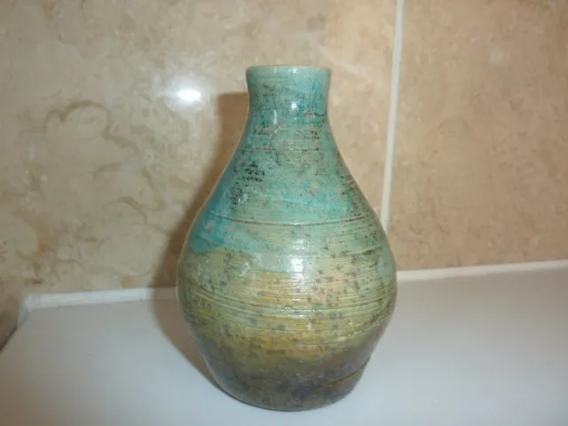 Art Studio Pottery 11.2 Cm Vase With A Blue & Green Raku Style Glaze Design