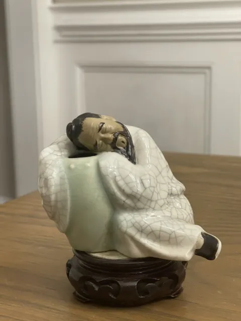 Shiwan Mudman Crackle Glazed Figurine of Man Sleeping on Vase ~ Vintage VGC 2