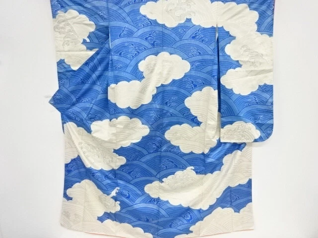 35946# Japanese Kimono / Antique Furisode / Embroidery / Cloud & Seigaiha