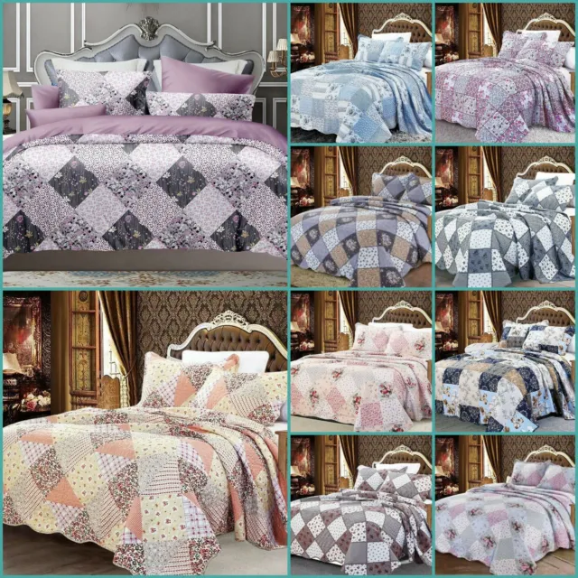 3 Piece Bedspread Printed Patchwork Quilted Bedspread Single Double King  Size