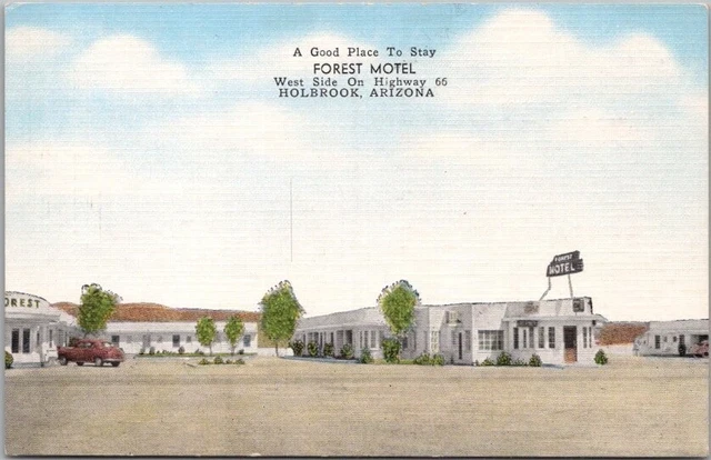 HOLBROOK, Arizona Postcard FOREST MOTEL Highway Route 66 / KROPP Linen 1950s