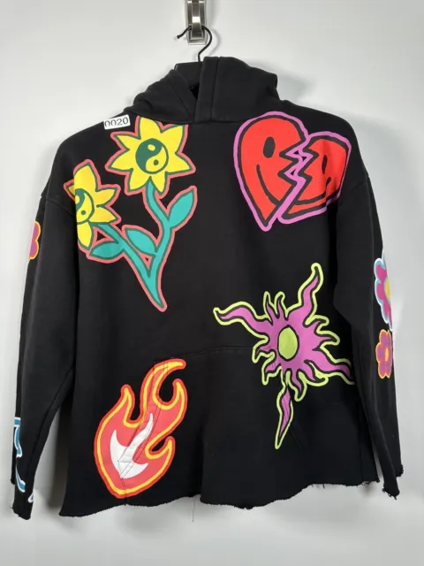 Pacsun Womens Hoodie Black Flowers Hearts Flames Size Small 21.5x23 AOP Cropped