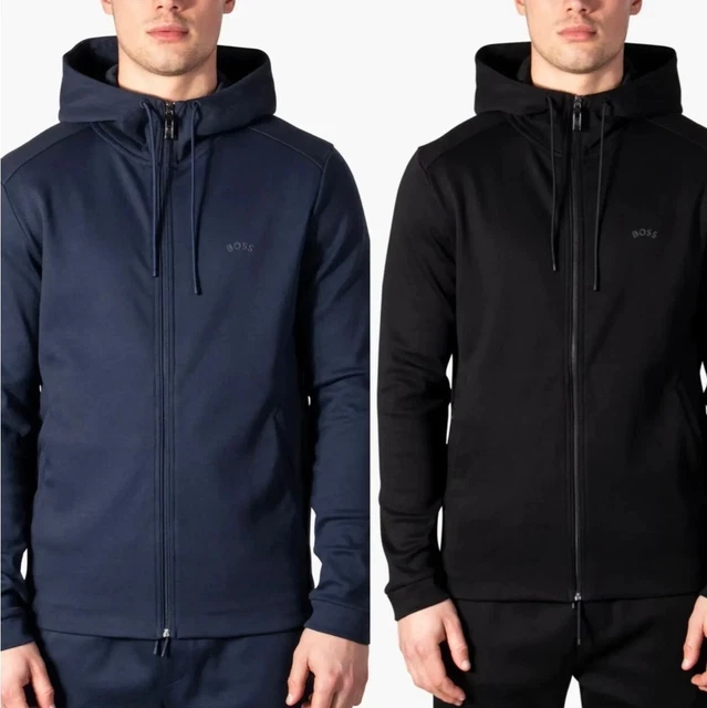 Hugo Boss Saggy Curved Logo Zip Through Hoodie-Black/ Navy