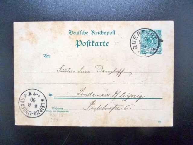 DR-Postkarte P20, Stempel QUERFURT und LEIPZIG-LINDENAU