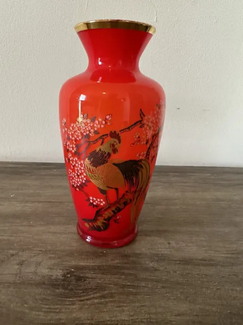 Vintage Enesco Japan Orange Red Glass Vase w/ Gold Rooster  8”T