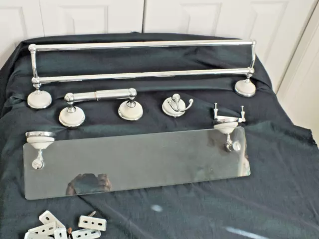 5 pc Bath room ACCESSORY SET dbl towel bar hook glass shelf milk glass porcelain