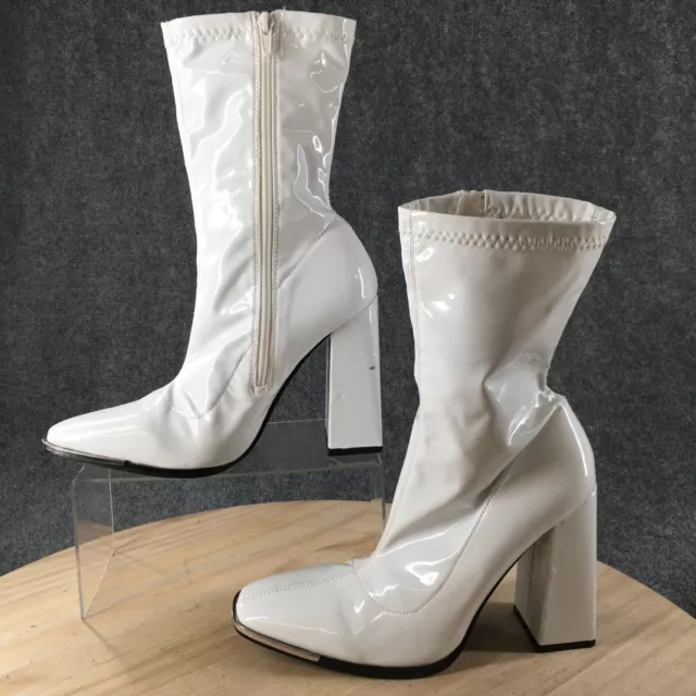 Nasty Gal Sock Boots Womens 7 White Patent Leather Side Zip Block Heels Casual 2