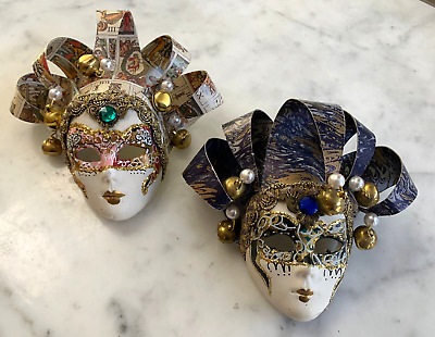 Pair of Ceramic Miniature Jester Maschera Del Galeone Masks from Venice Italy