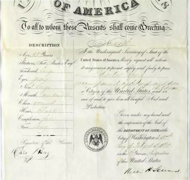 Einbürgerungsurkunde USA 1862 , gez. von William H. Seward 3