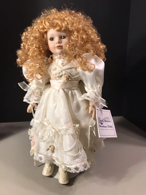Duck House Heirloom Porcelain Doll 17" Victorian w/ Stand Long Red Curly Hair