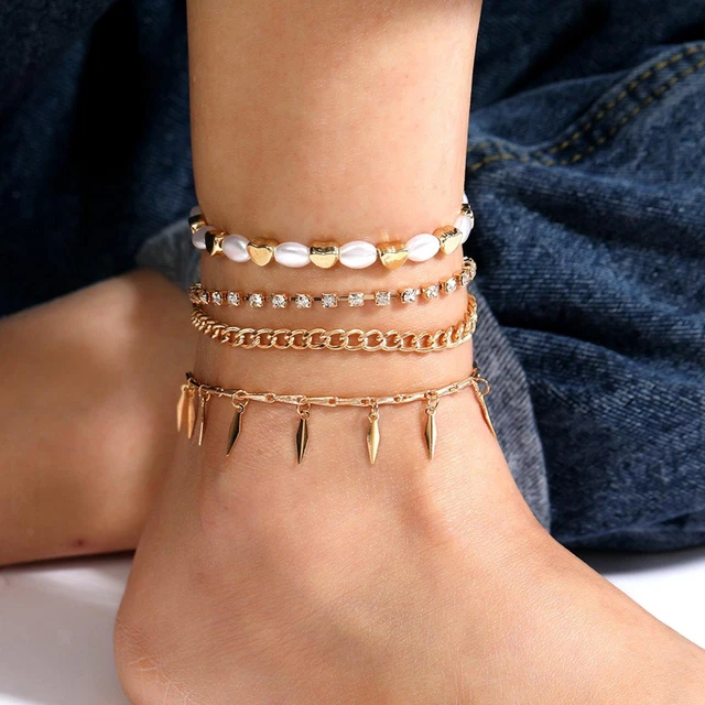 4x Vintage Ankle Bracelet Beaded Sterling Simple Chain Jewelry for Women