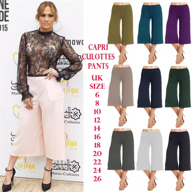 Womens Wide Leg Trousers 3/4 Length Cropped Palazzo Plain Casual Culottes  Pants