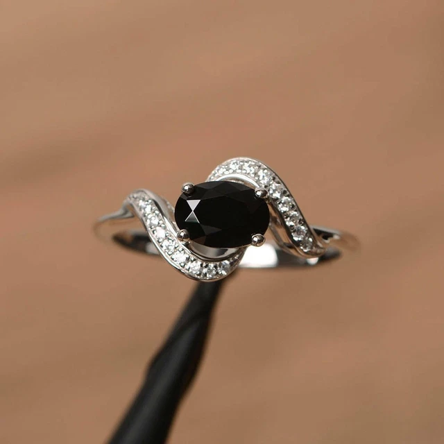 Oval Cut Lab-Created Black Diamond Womens Engagement Ring 14k Gold Plated Silver